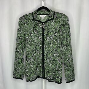 Exclusively Misook Green Black Paisley Zip Front Knit Cardigan Jacket M